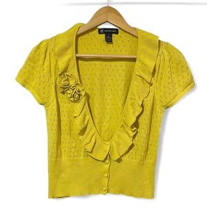 NWT INC International Concepts chartreuse short sleeve silk+cotton cardigan